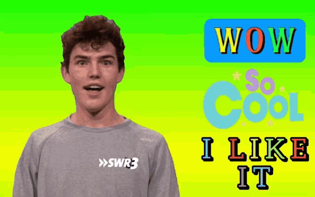 a man says wow so cool i like it in front of a green and yellow background