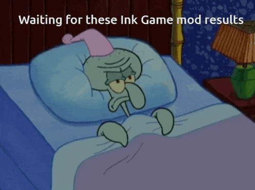squidward from spongebob is laying in bed with a pink hat on
