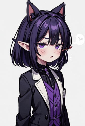 a girl with purple hair and cat ears is wearing a black suit