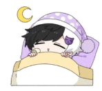 a cartoon of a person sleeping in a bed with a purple cat on their head .