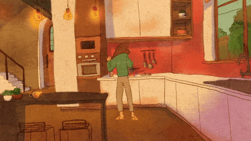 a drawing of a woman in a kitchen talking on a cell phone