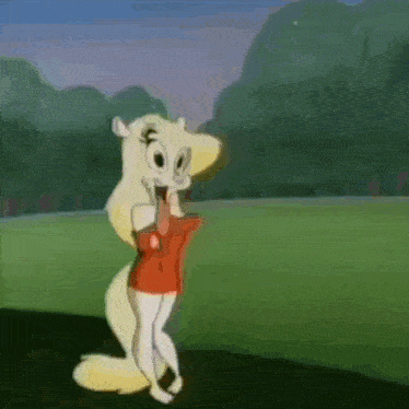 a cartoon squirrel is standing in a field wearing a red shirt and white pants .