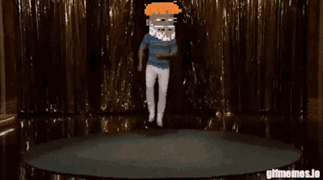 a pixel art of a man dancing on a stage with the words gifmemes.io at the bottom