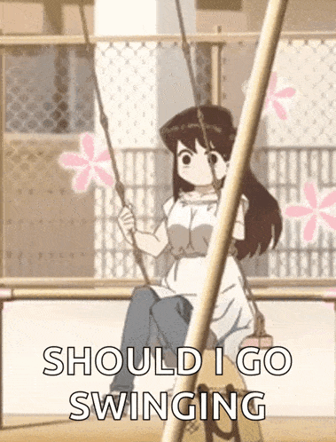 a girl is sitting on a swing with the words should i go swinging on the bottom