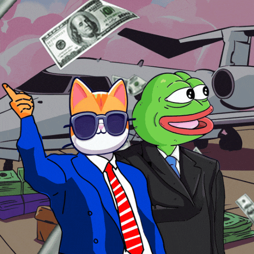 a cartoon of a cat and a frog standing next to each other