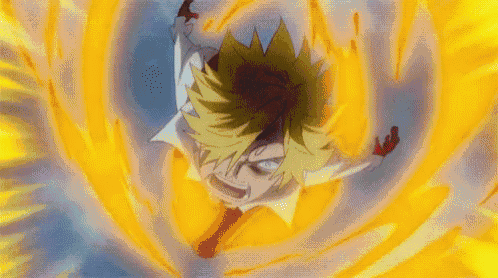 a close up of a person 's face with a knife in his hand and a fire behind him .