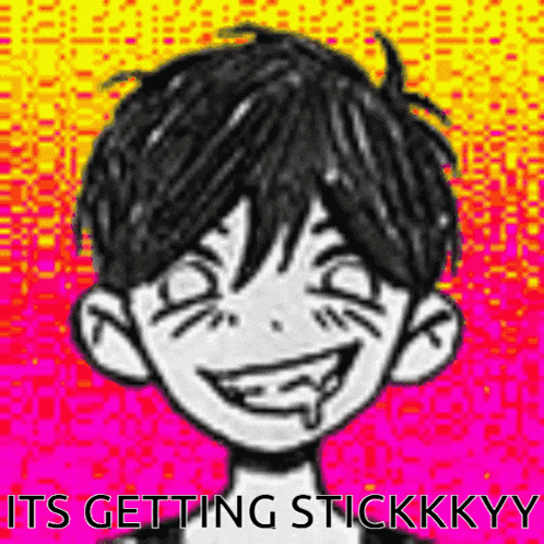 a black and white drawing of a boy with a smiley face and the words `` it 's getting stickkyy '' .