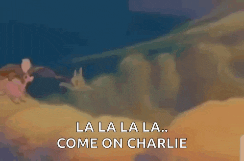 a cartoon scene with the words la la la la come on charlie on the bottom