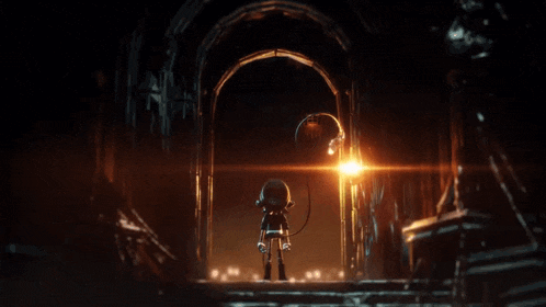 a cartoon character standing in a dark tunnel with a light shining through the doorway