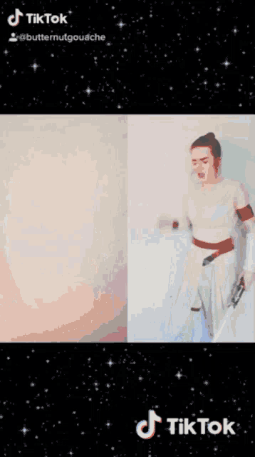 two women are dancing in front of a black background with tiktok written on it