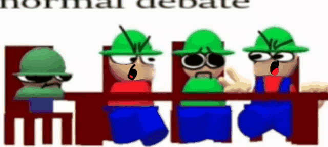 a group of cartoon characters are sitting at a table with the words normal debate written below them