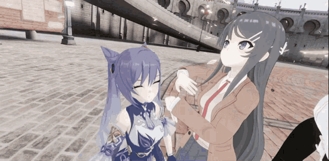 a couple of anime girls standing next to each other on a brick sidewalk