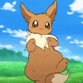 a cartoon eevee standing on its hind legs in a field .