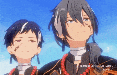 two anime characters standing next to each other with the words lost ballade myny on the bottom right