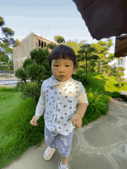 a little girl is walking down a stone path