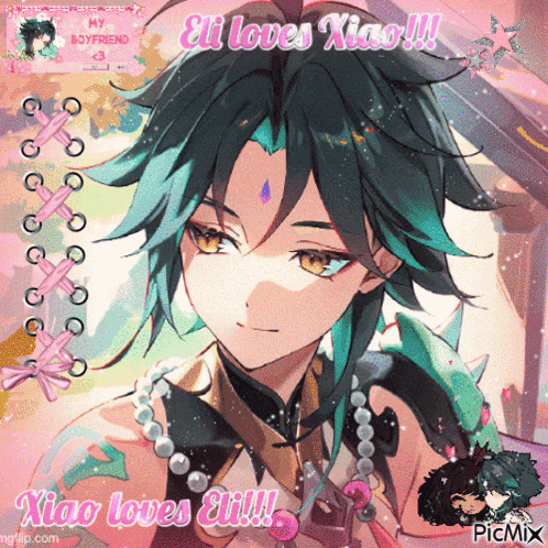 a picture of a anime character with the words " xiao loves eli " on it