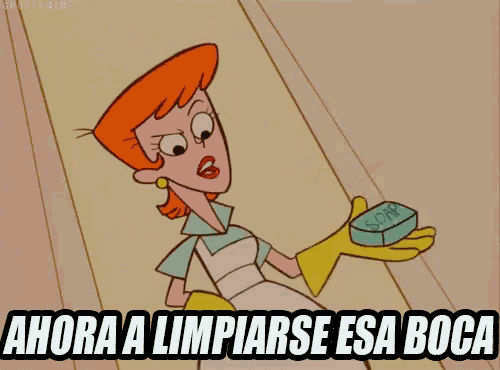 a cartoon of a woman holding a soap bar with the words ahora a limpiarse esa boca above her