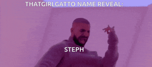 a man in a purple sweater with the words thatgirlgatto name reveal steph
