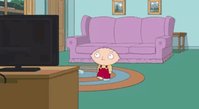 a cartoon character is standing in front of a tv in a living room .