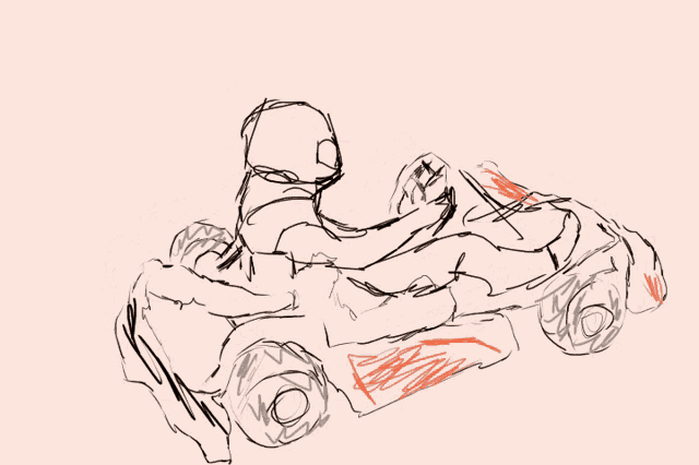 a black and white drawing of a person riding a vehicle
