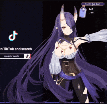 a girl with long purple hair and horns is on a tiktok search page