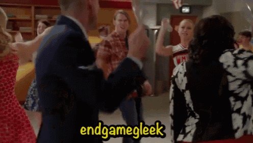 a group of people are dancing in a room with the words endgamegleek on the bottom