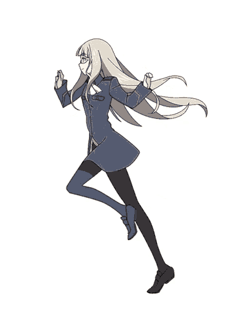 a girl with long blonde hair is running in a blue jacket