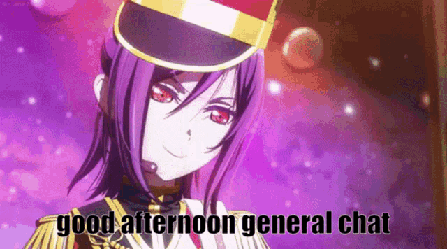 a girl with purple hair and red eyes is wearing a hat and a military uniform .