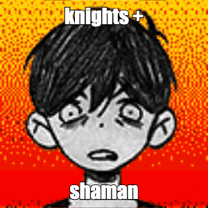 a black and white drawing of a boy with a red background and the words `` knights + shaman '' on it .