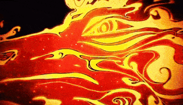 a drawing of a red and yellow swirl with an eye