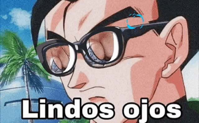 a close up of a man wearing glasses with lindos ojos written below him