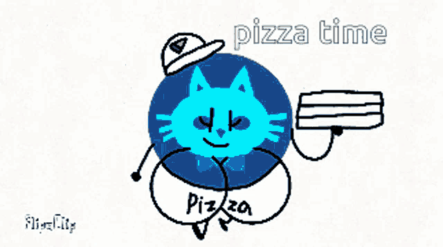 a drawing of a blue cat with a pizza time sign
