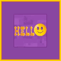 a purple background with a yellow smiley face and the words hello