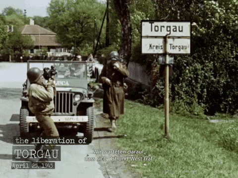 the liberation of torgau is written on the bottom of the screen