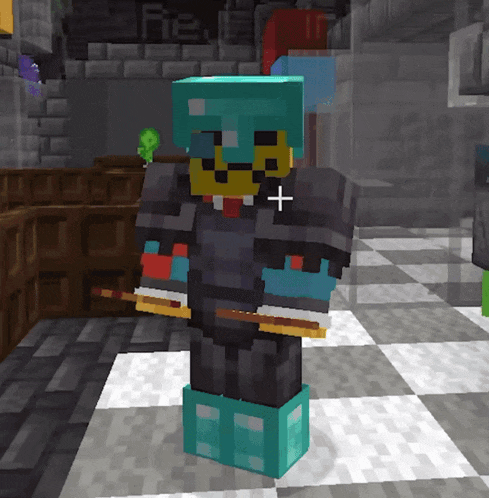 a minecraft character with a blue helmet and a yellow face