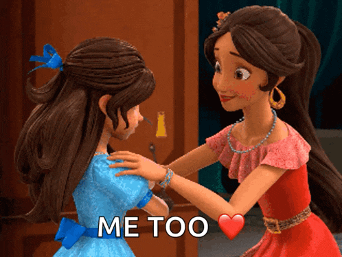 two cartoon girls are hugging each other and the words me too are on the bottom right