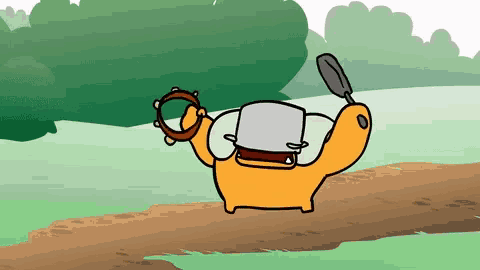 a cartoon character is holding a pan and a tambourine while walking on a dirt road .