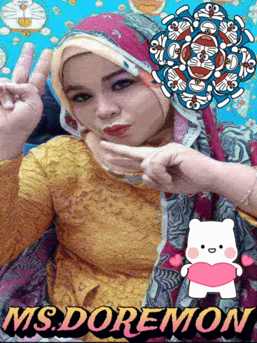 a woman in a hijab is making a peace sign in front of a cartoon of doraemon