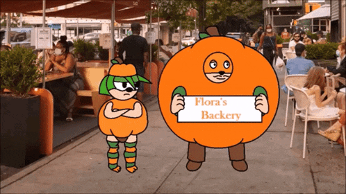 a cartoon character in a pumpkin costume holds a sign that says flora 's bakery