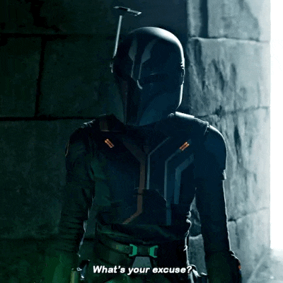 a man in a helmet is standing in a dark room and asking what 's your excuse ?
