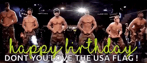 a group of men are dancing on a stage with the words `` happy birthday do n't you love the usa flag ! ''