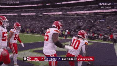 a football game is being shown on cbs and the score is 7 to 7
