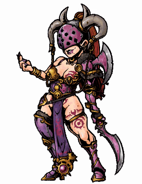a cartoon of a woman with horns and a sword .