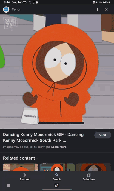a phone screen shows a cartoon character named kenny mccormick