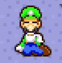 a pixel art of a man with a green hat and blue pants