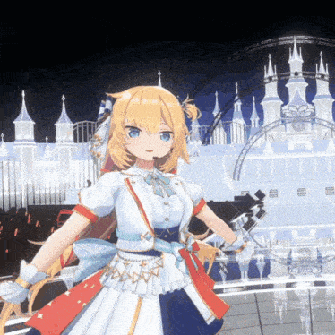 a blonde anime girl in a white and red dress