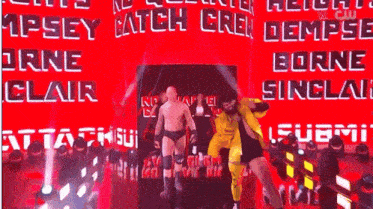 a man in a yellow shirt is walking down a staircase in front of a sign that says heights