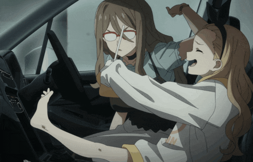 two anime girls are sitting in a car with one holding a toothpick in her mouth