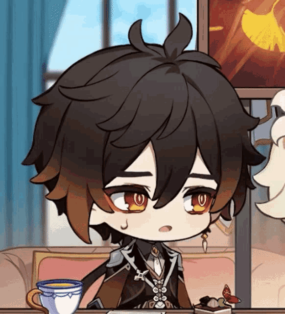 a cartoon character is sitting at a table with a cup of tea and a piece of cake