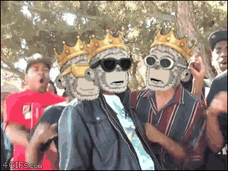 a group of monkeys wearing sunglasses and crowns are standing in a crowd